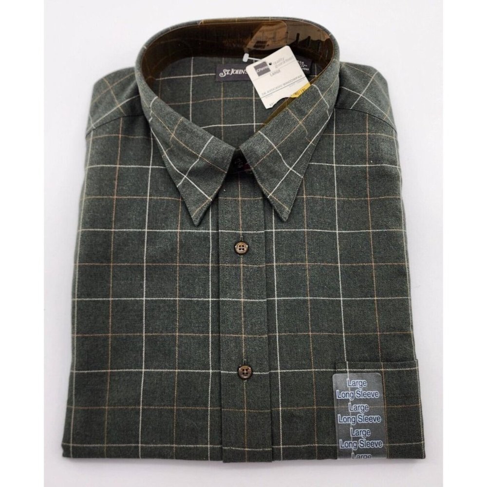 VTG NWT St Johns Bay Dk Avocado Green Plaid Button Long Sleeve Windowpane Size L